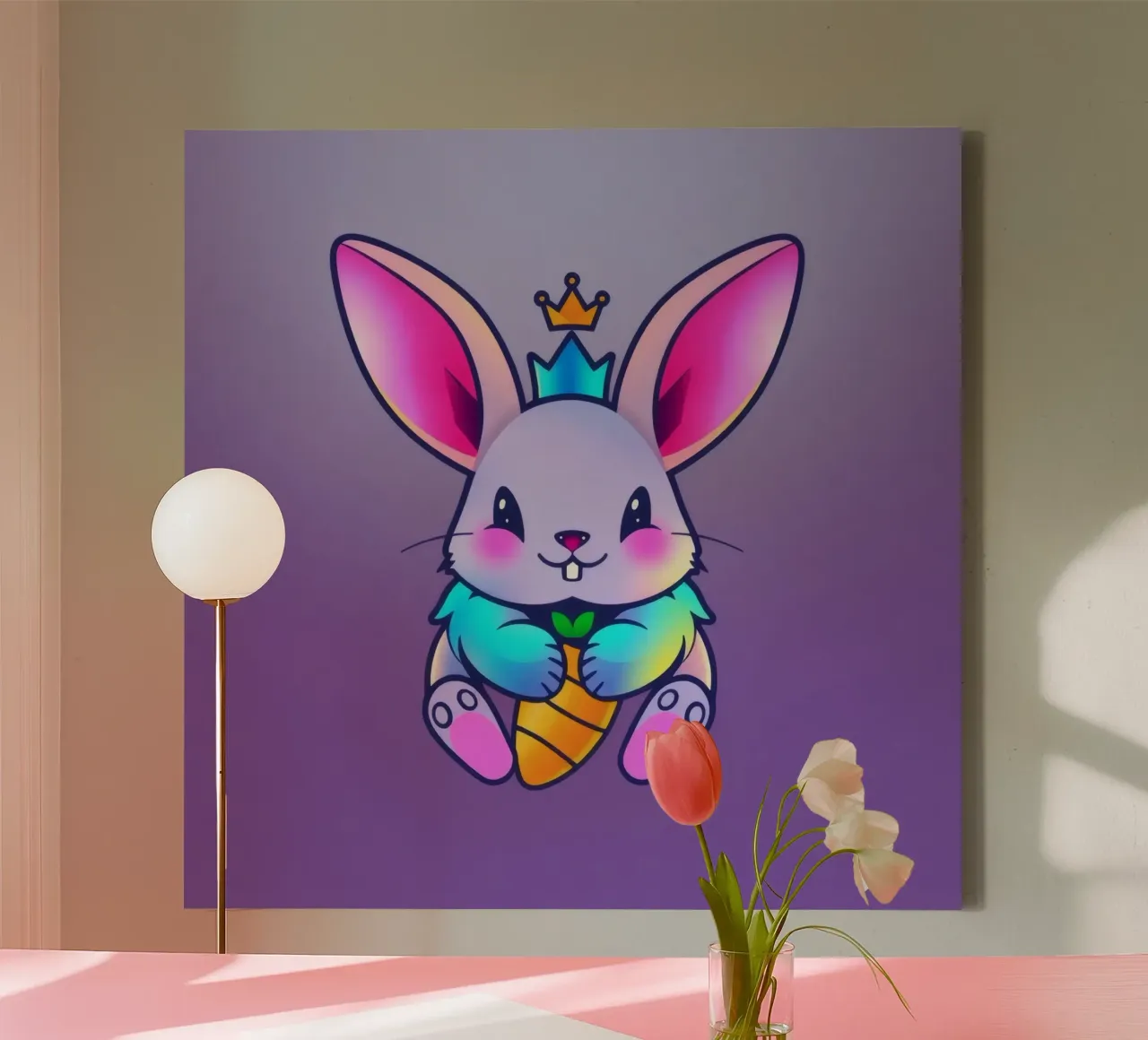 cartoon rabbit with a crown and a carrot on a vibrant purple canvas with Floater frame by DesignDoodle