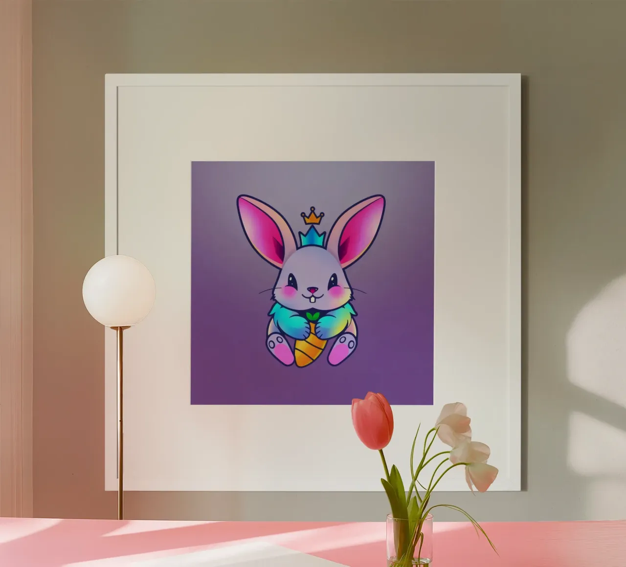 coniglio a cartoni animati con corona e carota su un vivace sfondo viola carta hahnemühle da DesignDoodle