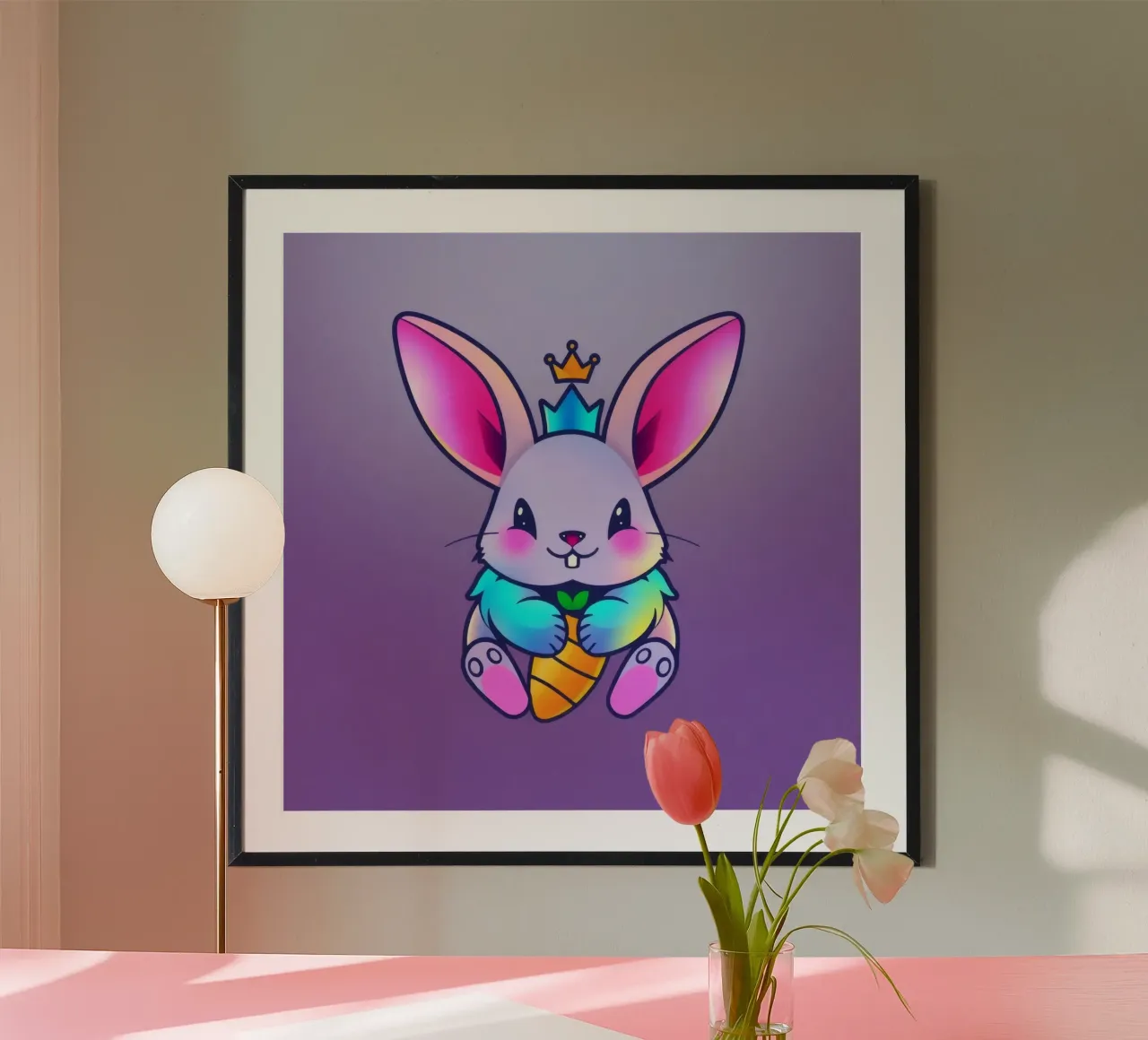 coniglio a cartoni animati con corona e carota su un vivace sfondo viola carta hahnemühle da DesignDoodle