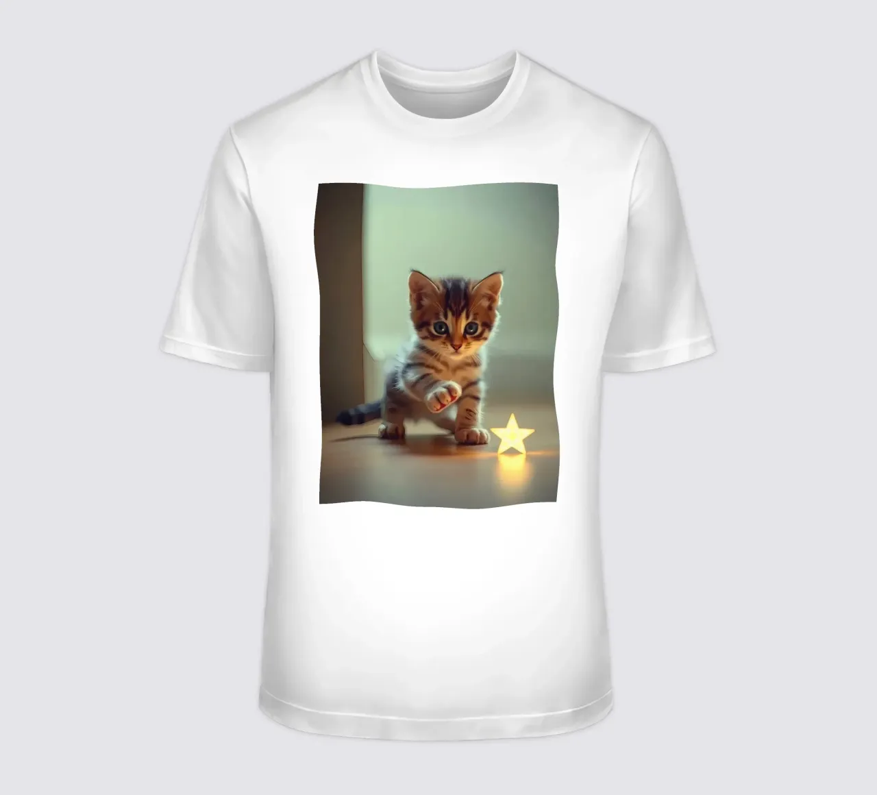 Un gattino giocherellone interagisce curiosamente con una stella luminosa decorata. t-shirt da DesignDoodle