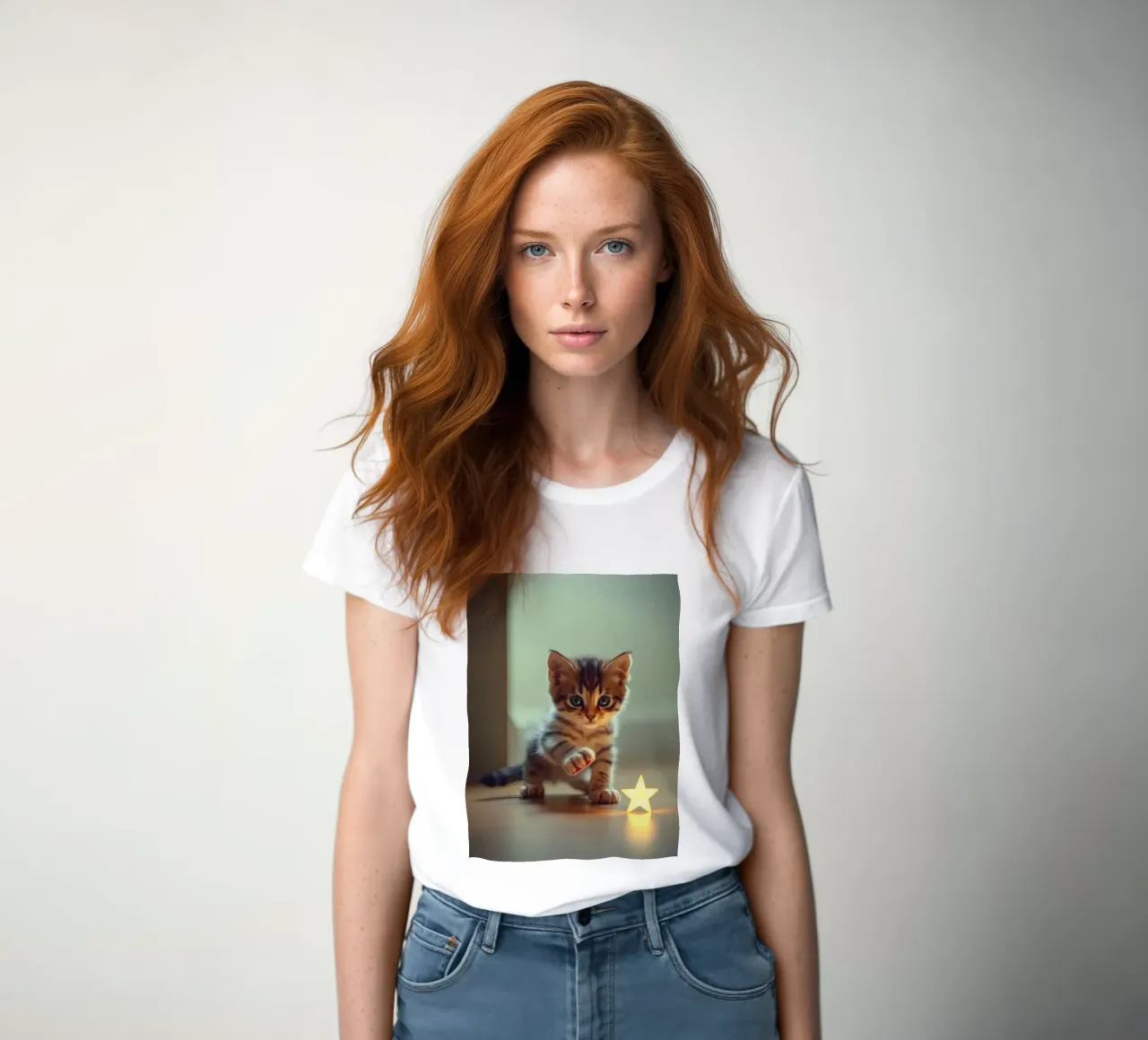 Un gattino giocherellone interagisce curiosamente con una stella luminosa decorata. t-shirt da donna da DesignDoodle