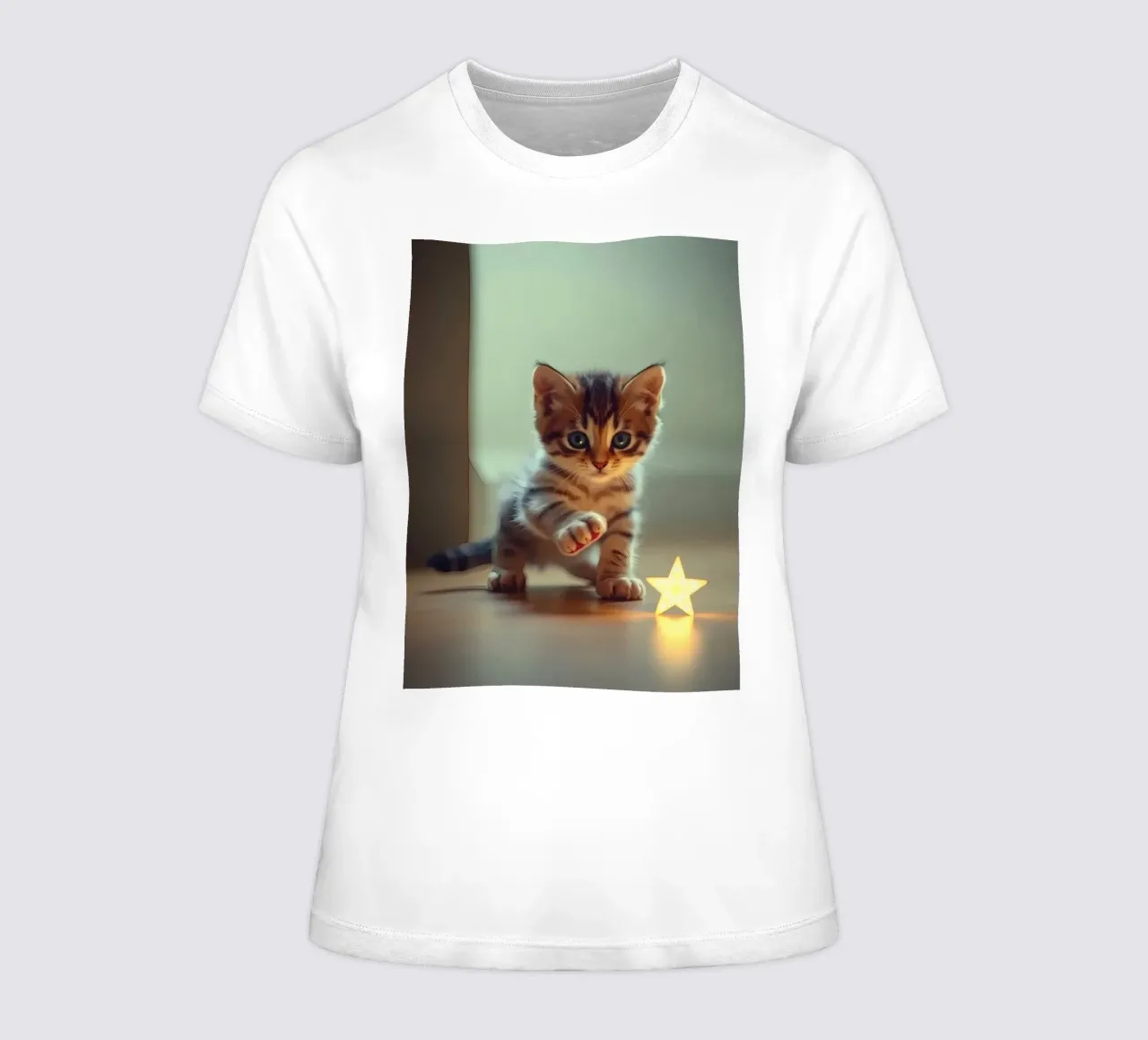 Un gattino giocherellone interagisce curiosamente con una stella luminosa decorata. t-shirt da donna da DesignDoodle