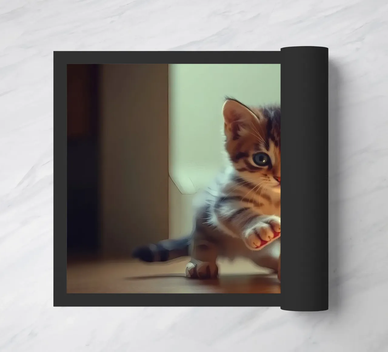 Un gattino giocherellone interagisce curiosamente con una stella luminosa decorata. zerbino da DesignDoodle