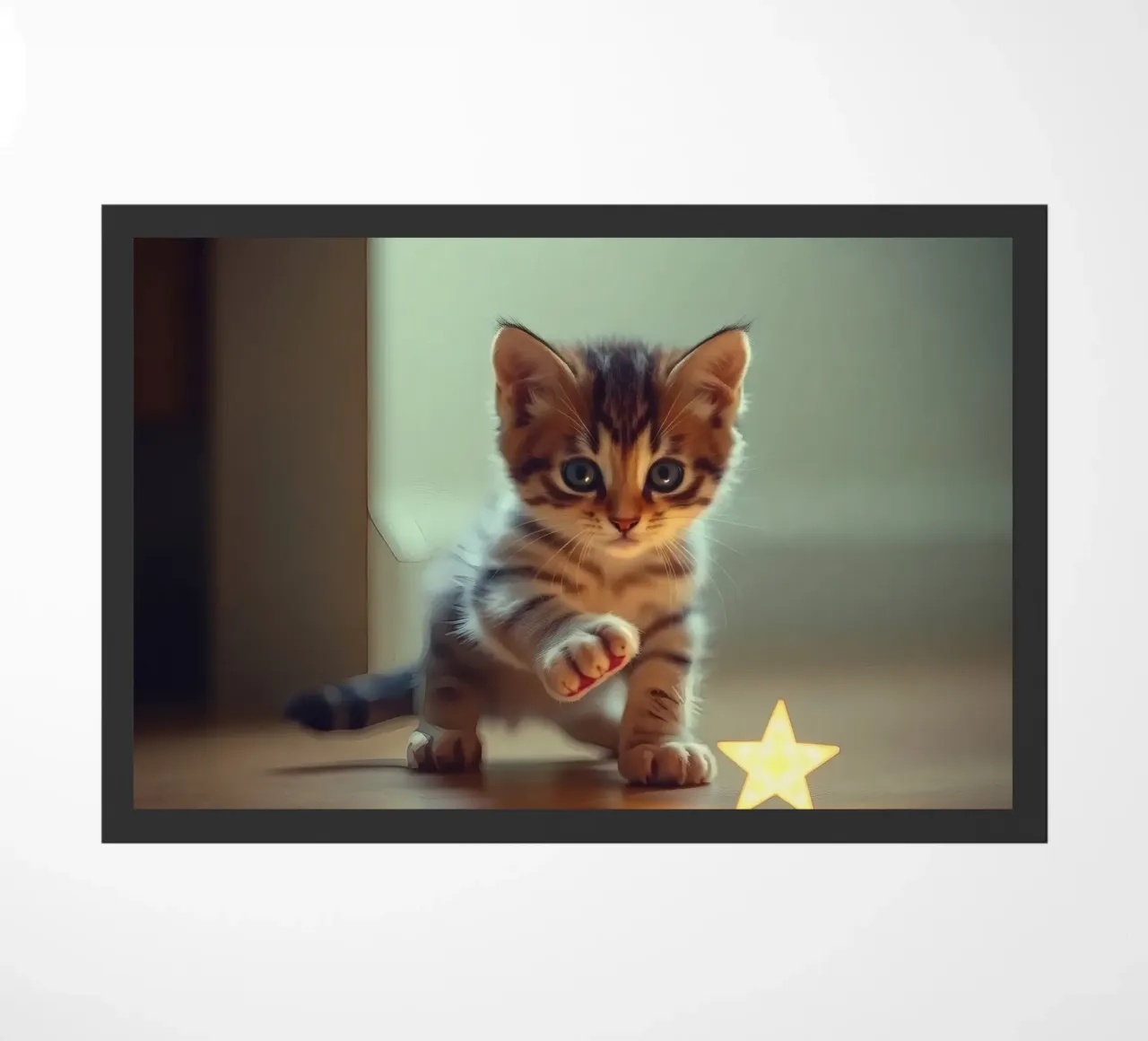 Un gattino giocherellone interagisce curiosamente con una stella luminosa decorata. zerbino da DesignDoodle