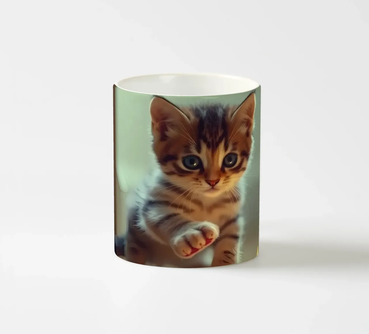 Un gattino giocherellone interagisce curiosamente con una stella luminosa decorata. tazza in ceramica da DesignDoodle