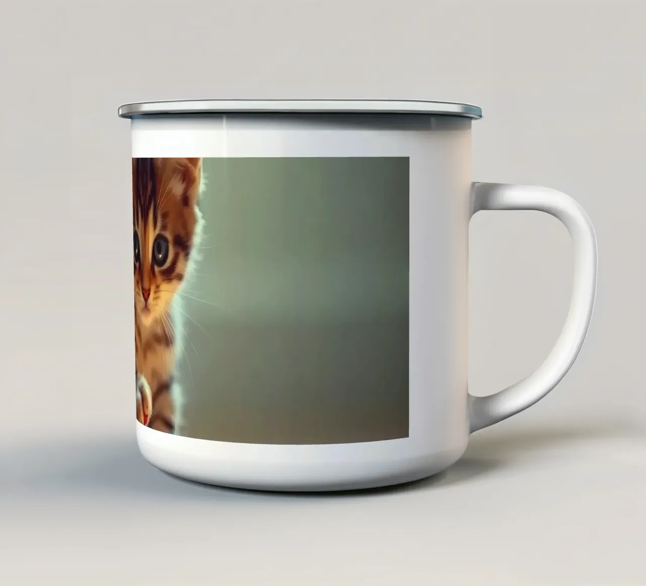 Un gattino giocherellone interagisce curiosamente con una stella luminosa decorata. tazza in smalto da DesignDoodle