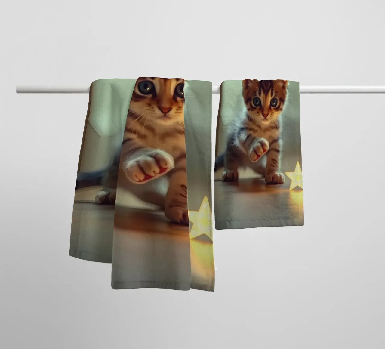 Un gattino giocherellone interagisce curiosamente con una stella luminosa decorata. asciugamano da bagno da DesignDoodle