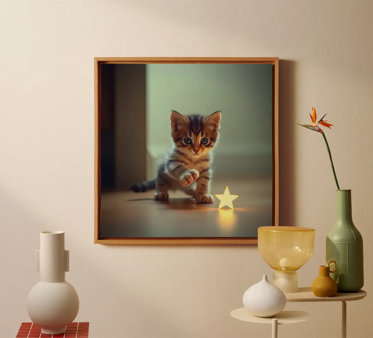Un gattino giocherellone interagisce curiosamente con una stella luminosa decorata. tela da DesignDoodle