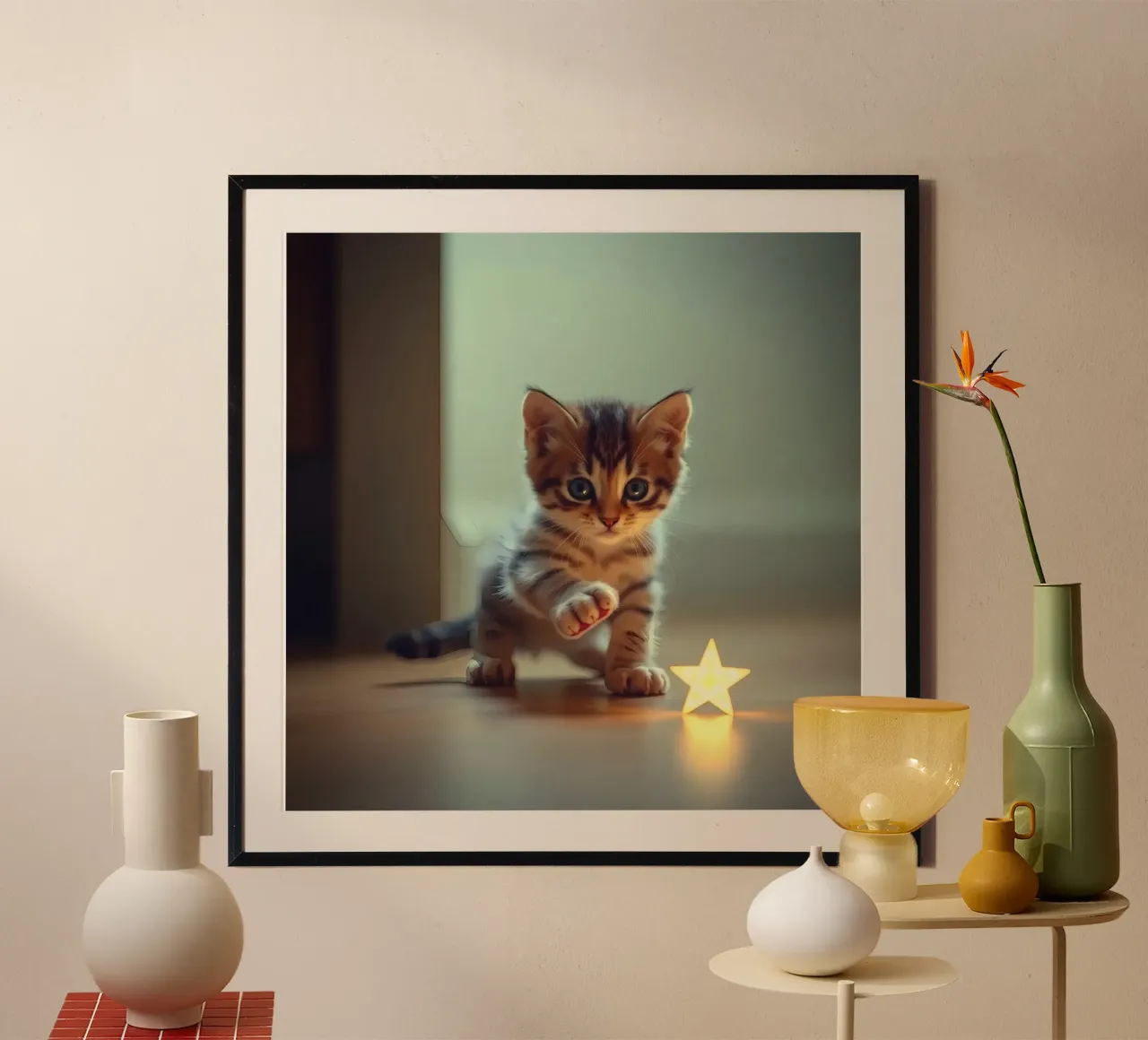 Un gattino giocherellone interagisce curiosamente con una stella luminosa decorata. carta hahnemühle da DesignDoodle
