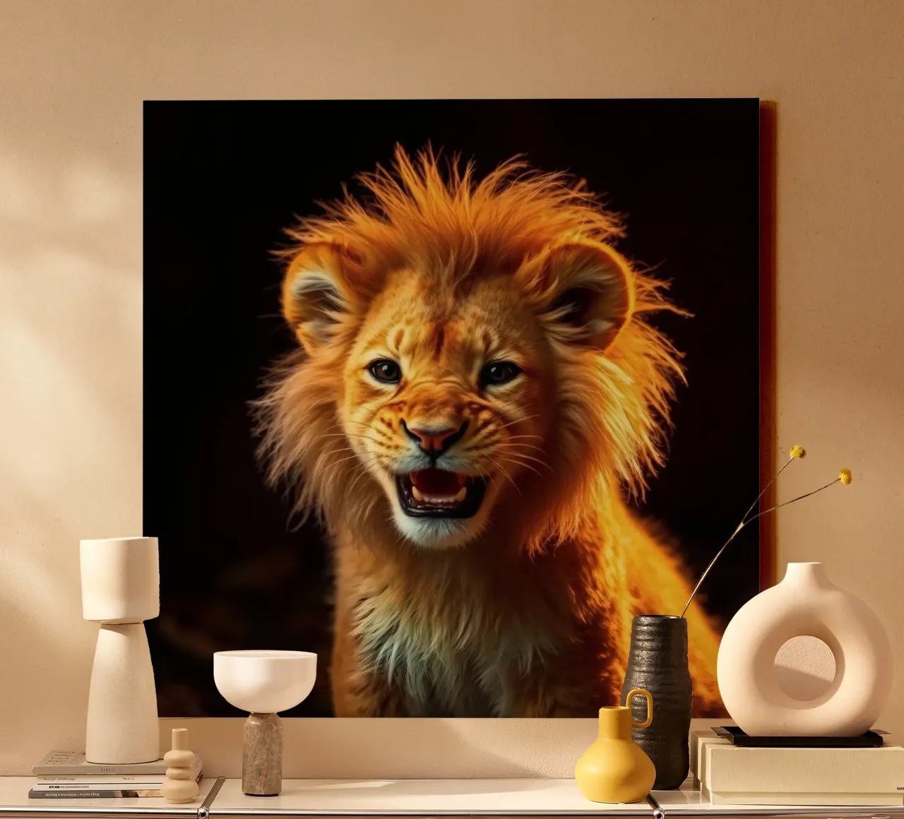 Jong leeuwenwelpje met levendige vacht en expressieve ogen vastgelegd canvas van DesignDoodle