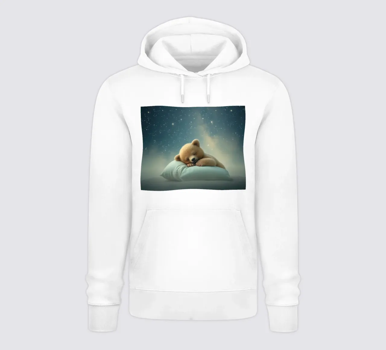 Cute bear cub sleeping peacefully on a fluffy pillow hoodie by DesignDoodle