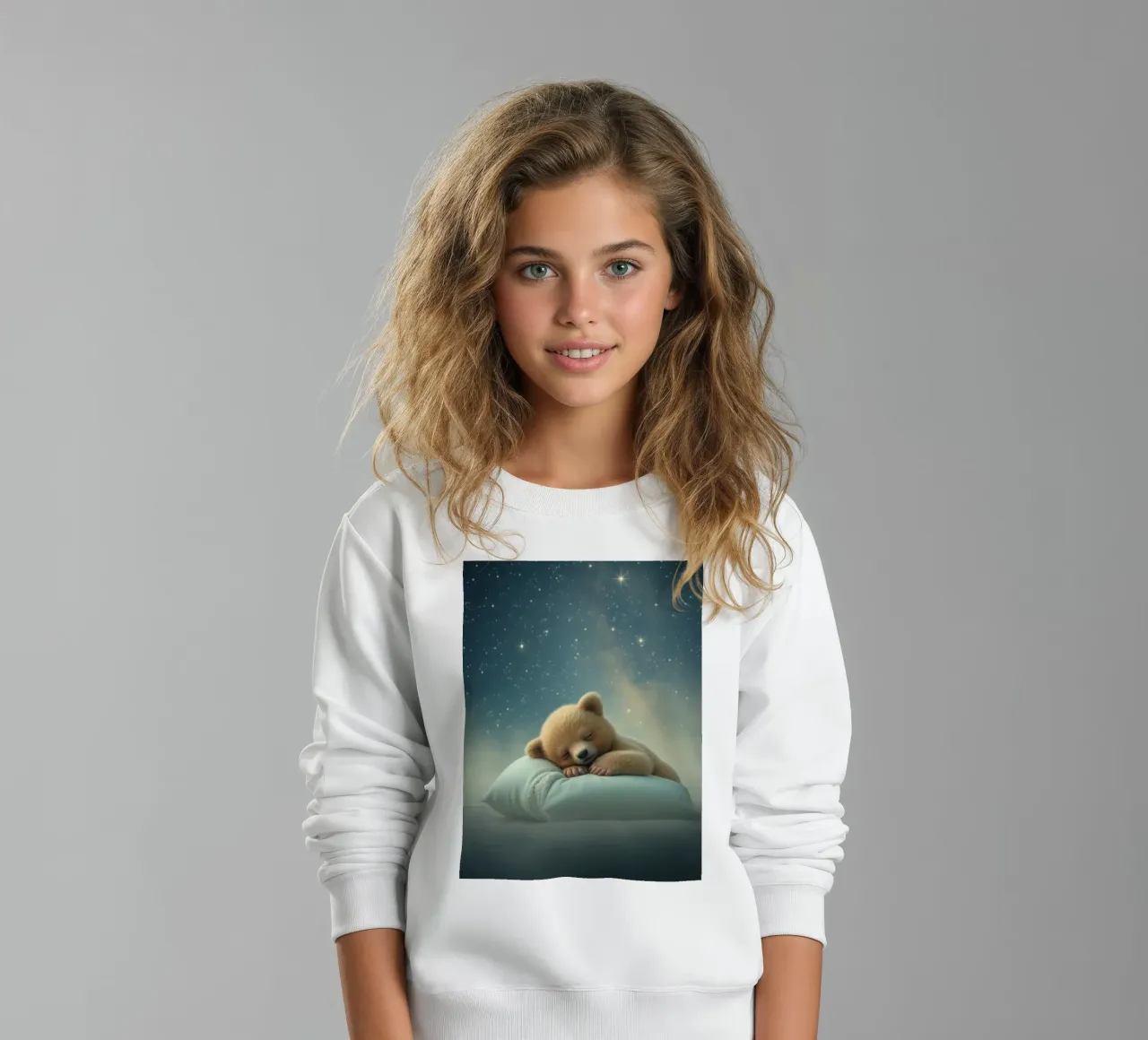 Cute bear cub sleeping peacefully on a fluffy pillow kids sweatshirt by DesignDoodle