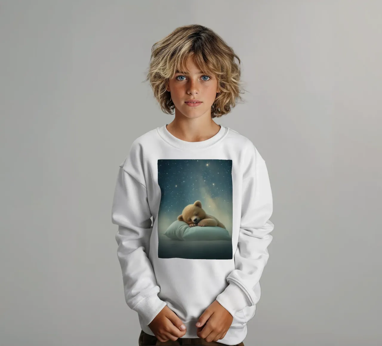 Cute bear cub sleeping peacefully on a fluffy pillow kids sweatshirt by DesignDoodle