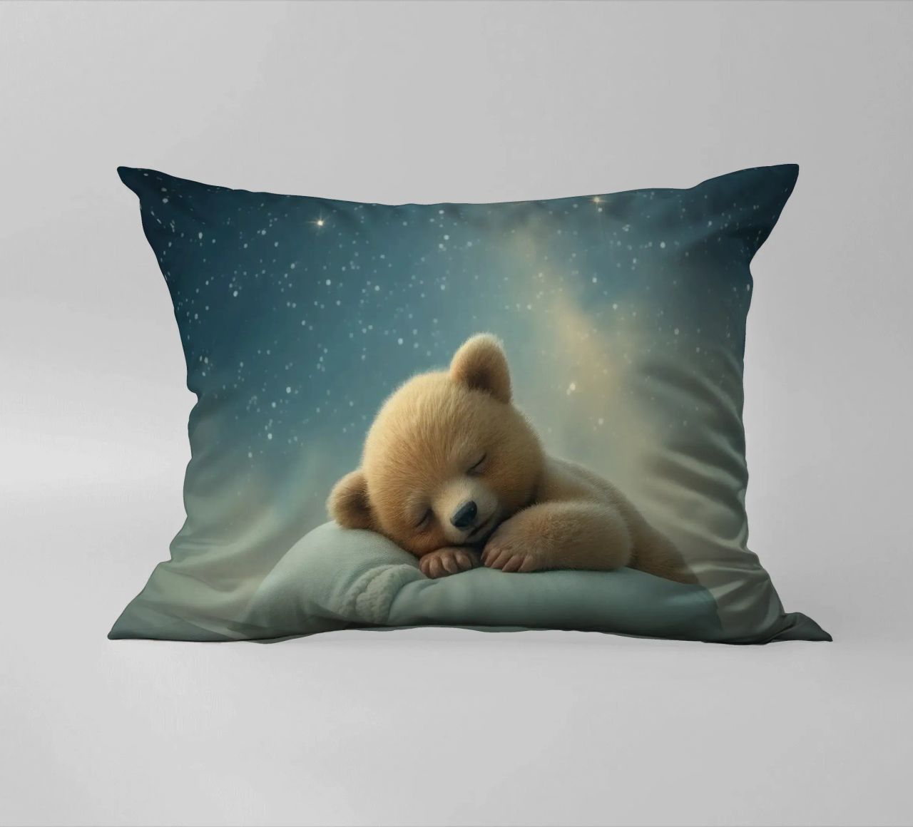 Ourson mignon dormant paisiblement sur un oreiller moelleux coussin de DesignDoodle