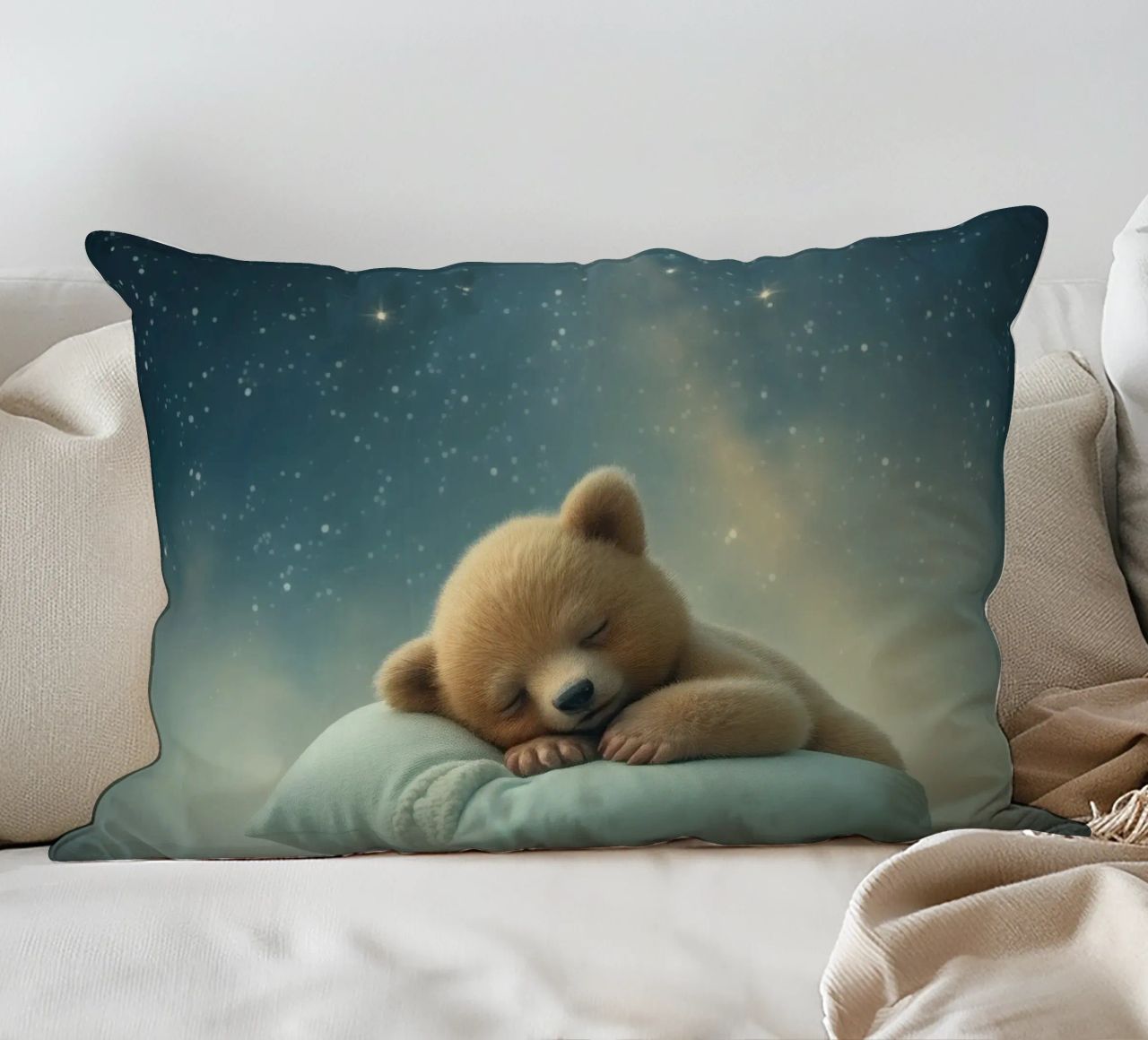 Ourson mignon dormant paisiblement sur un oreiller moelleux coussin de DesignDoodle