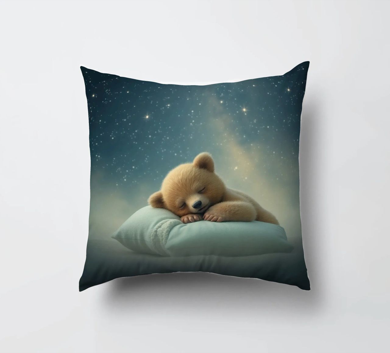 Ourson mignon dormant paisiblement sur un oreiller moelleux coussin de DesignDoodle