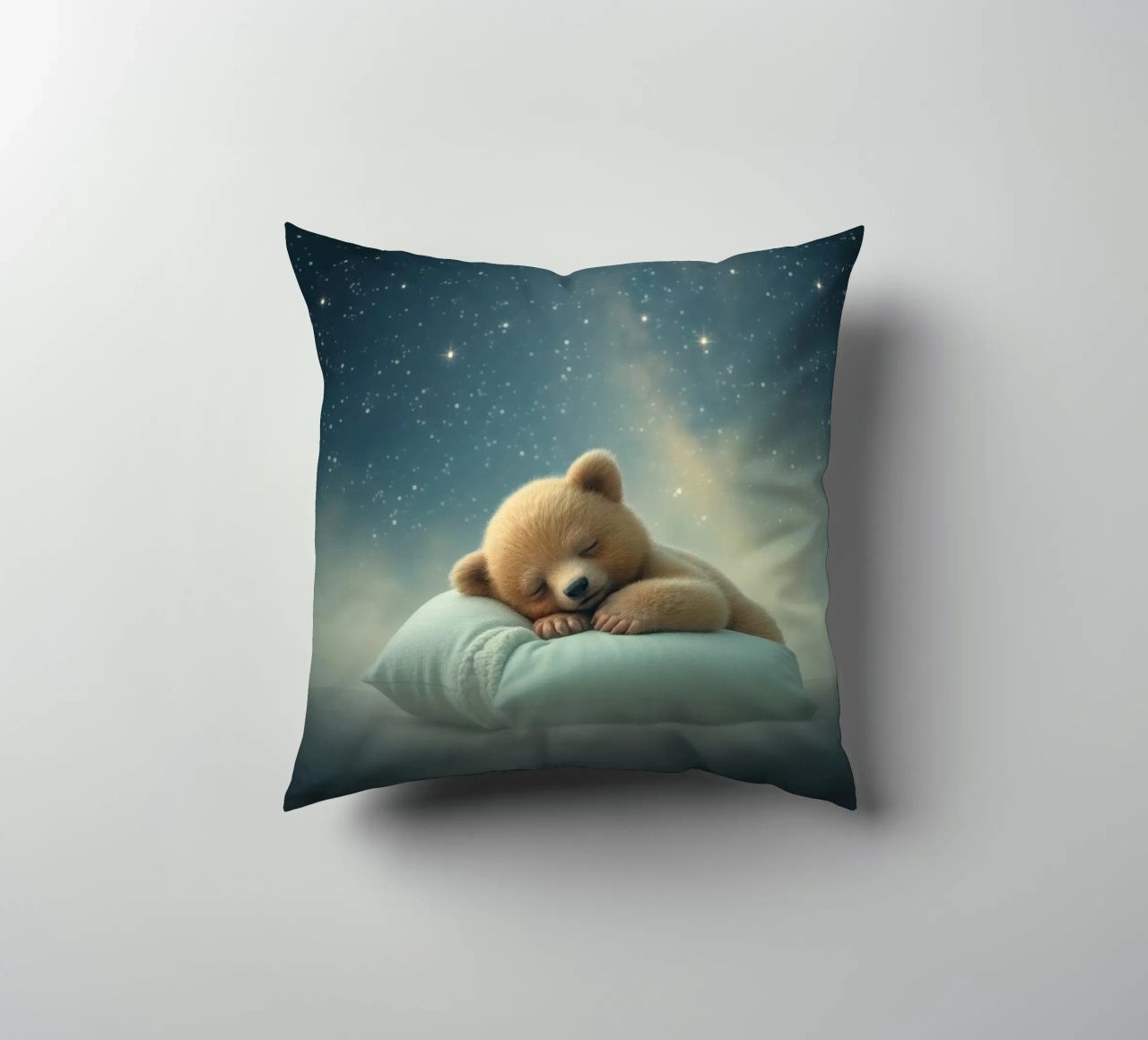 Ourson mignon dormant paisiblement sur un oreiller moelleux coussin de DesignDoodle