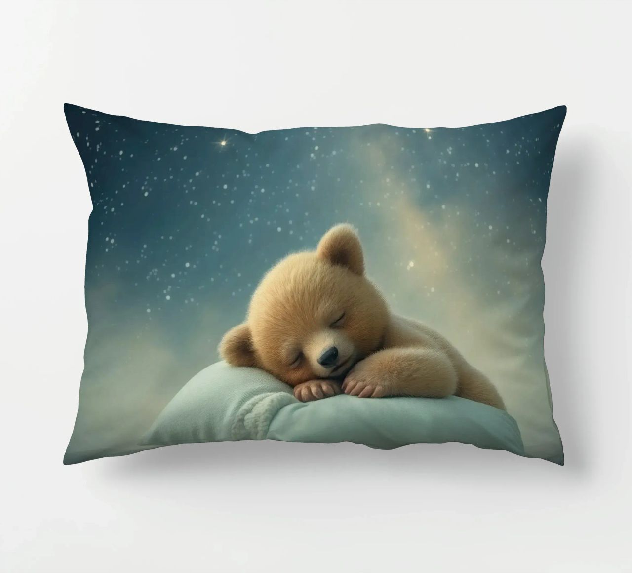 Ourson mignon dormant paisiblement sur un oreiller moelleux coussin de DesignDoodle