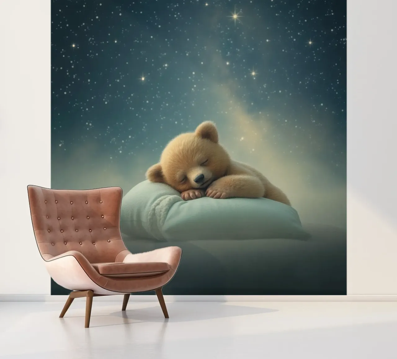 Cute bear cub sleeping peacefully on a fluffy pillow photo wallpaper by DesignDoodle