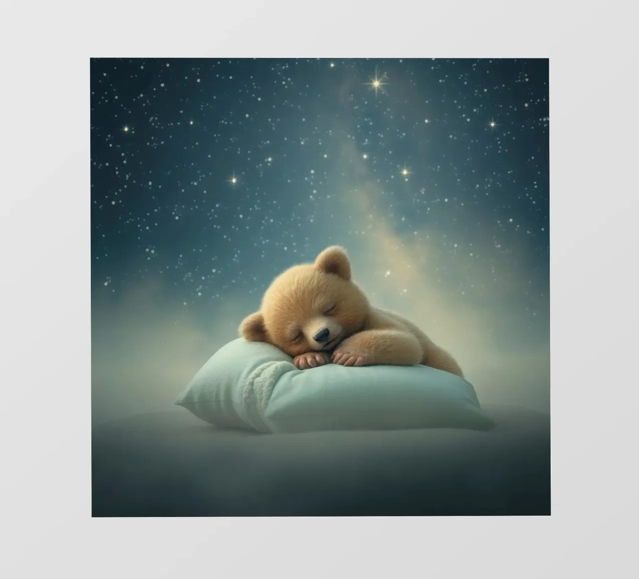 Cute bear cub sleeping peacefully on a fluffy pillow photo wallpaper by DesignDoodle