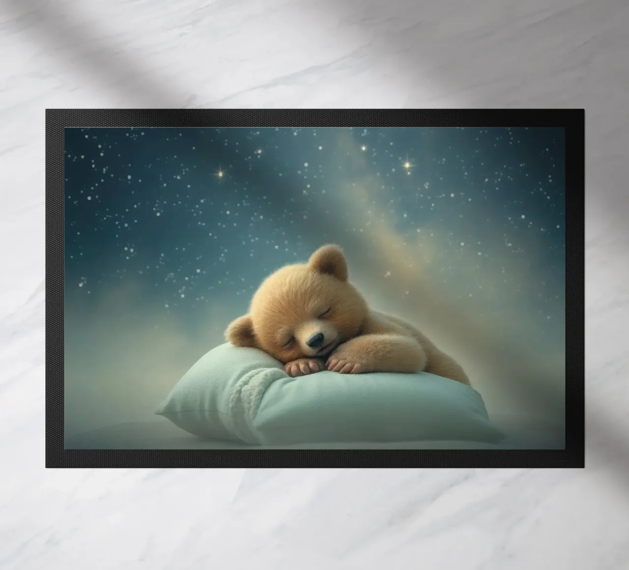 Cute bear cub sleeping peacefully on a fluffy pillow doormat by DesignDoodle
