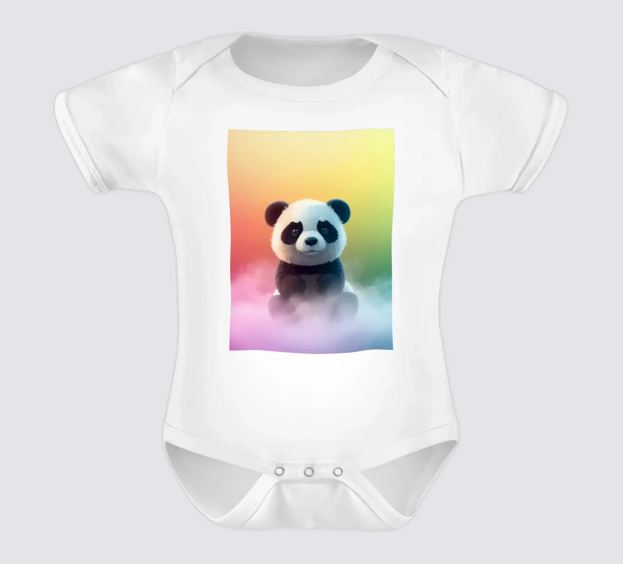 Cute panda sitting on colorful clouds under vibrant rainbow short-sleeve baby romper by DesignDoodle
