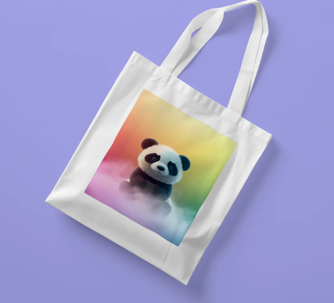 Cute panda sitting on colorful clouds under vibrant rainbow tote bag by DesignDoodle