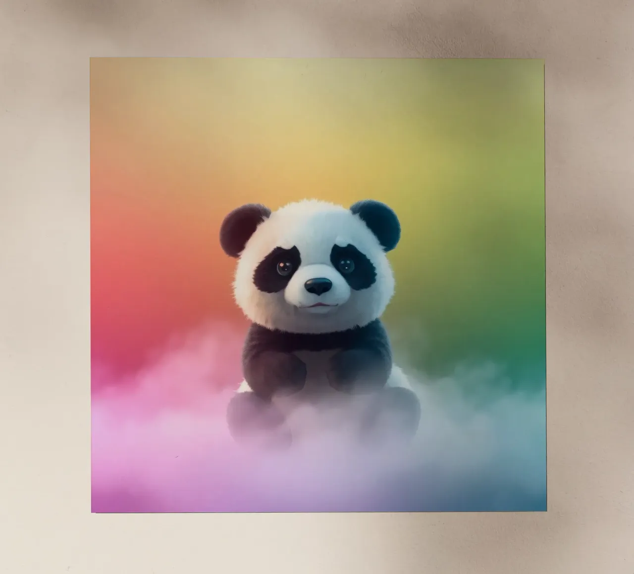 Panda lindo sentado en las nubes de colores bajo el arco iris vibrante lámina retroiluminada de DesignDoodle