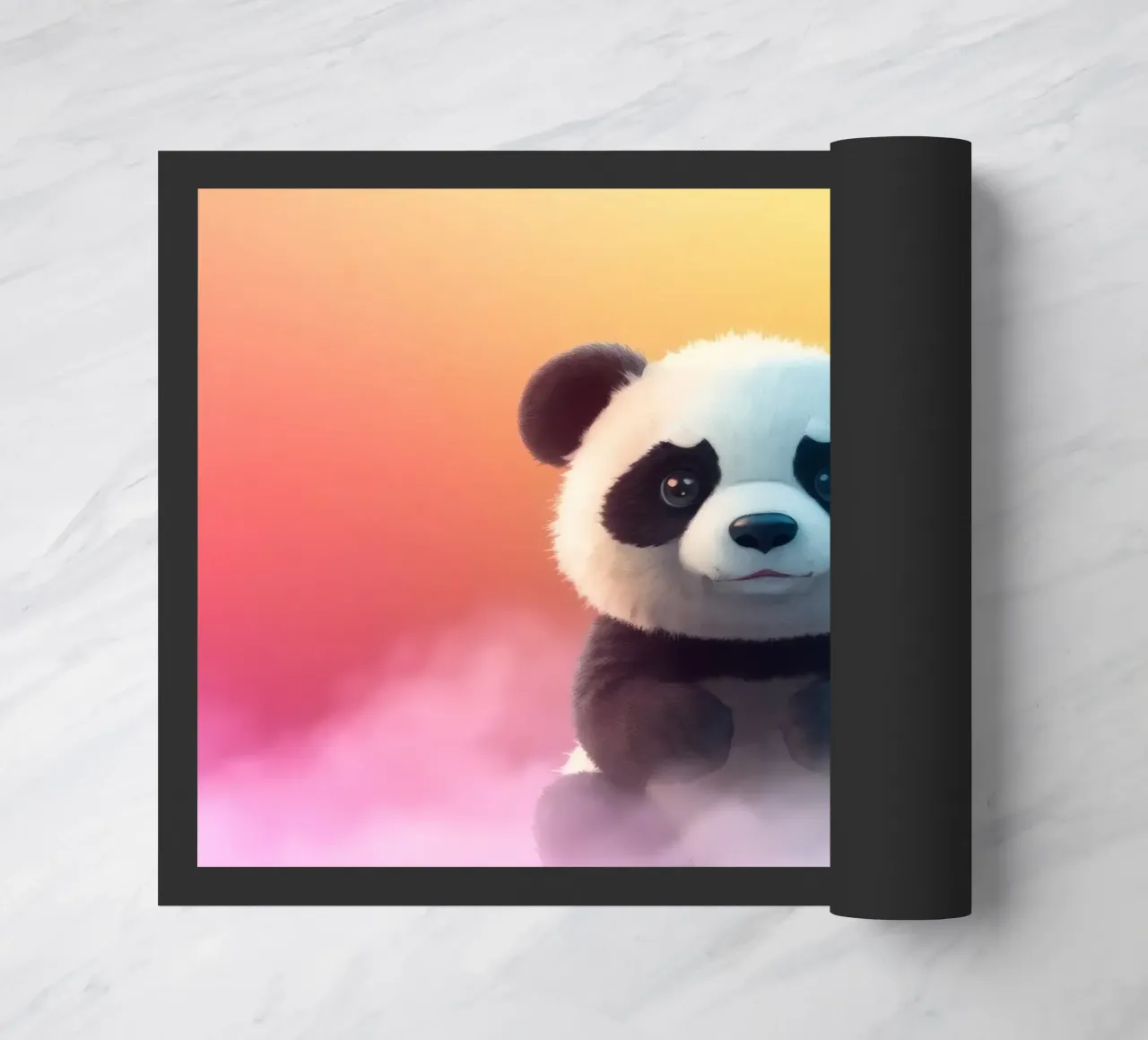 Cute panda sitting on colorful clouds under vibrant rainbow doormat by DesignDoodle