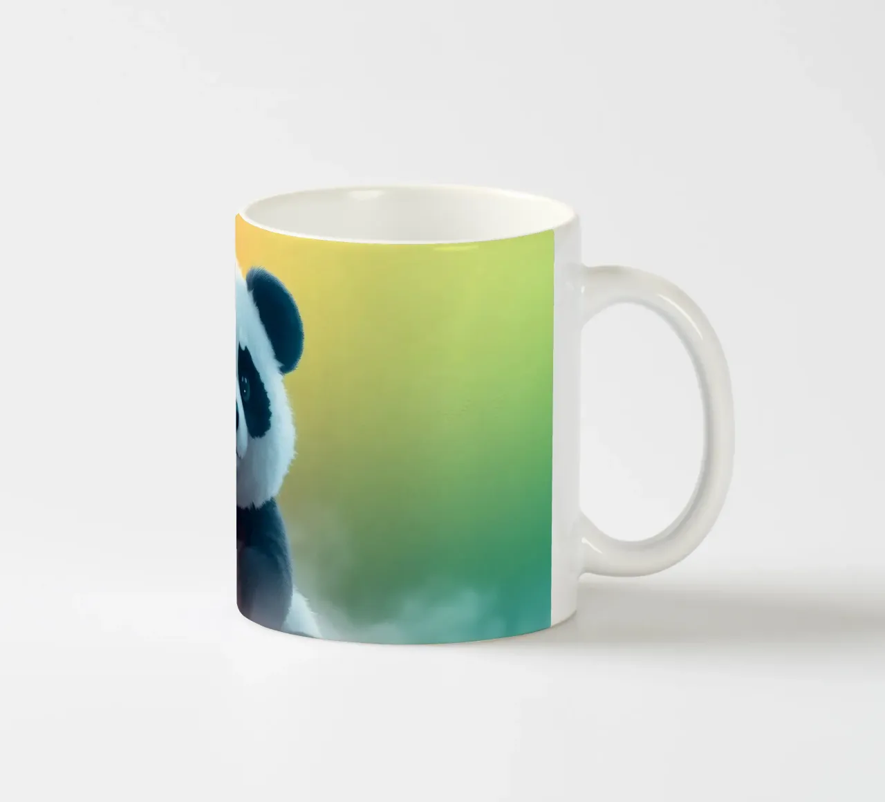 Cute panda sitting on colorful clouds under vibrant rainbow ceramic mug by DesignDoodle