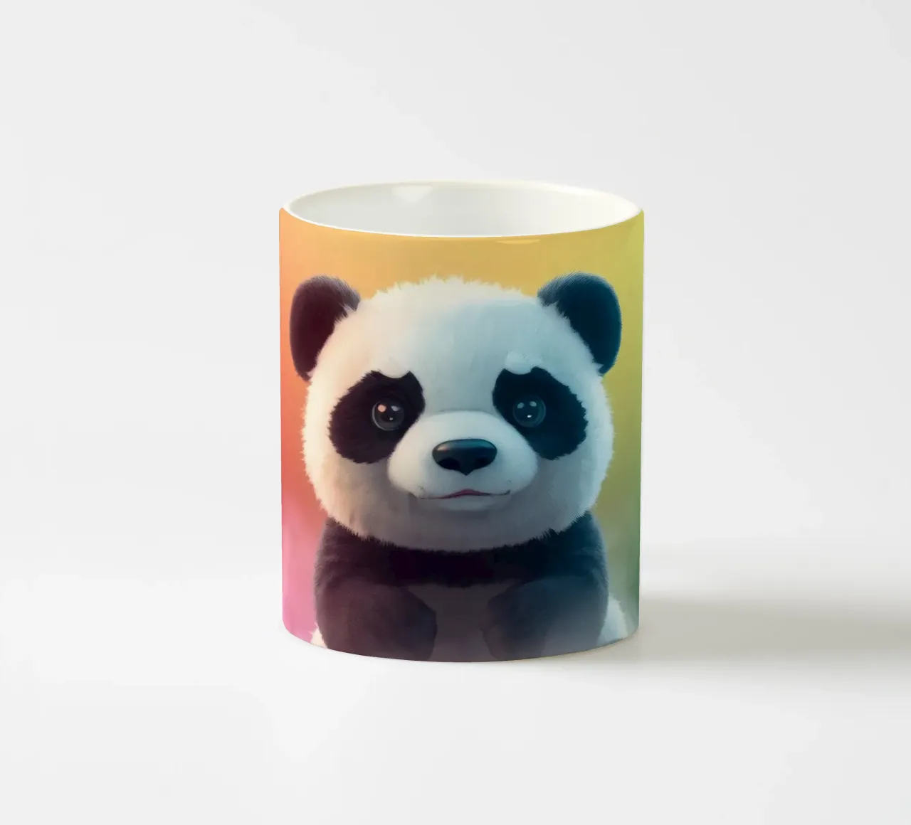 Cute panda sitting on colorful clouds under vibrant rainbow ceramic mug by DesignDoodle