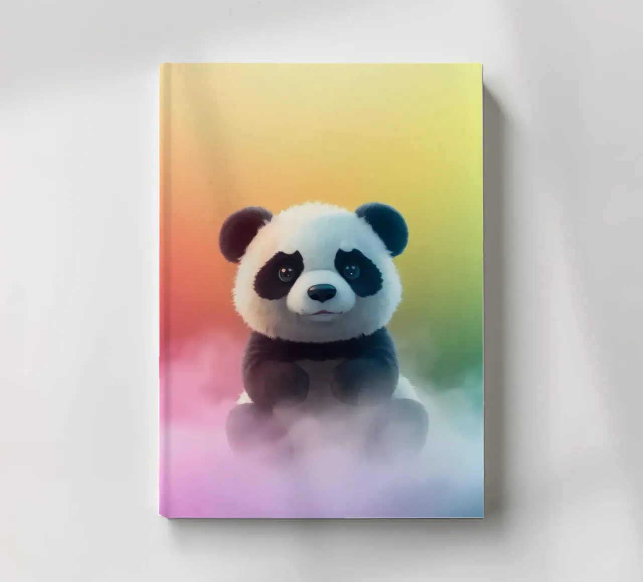Cute panda sitting on colorful clouds under vibrant rainbow notebook by DesignDoodle