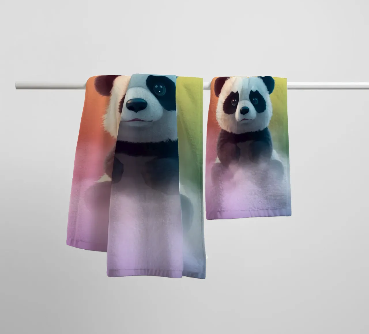 Cute panda sitting on colorful clouds under vibrant rainbow towel by DesignDoodle