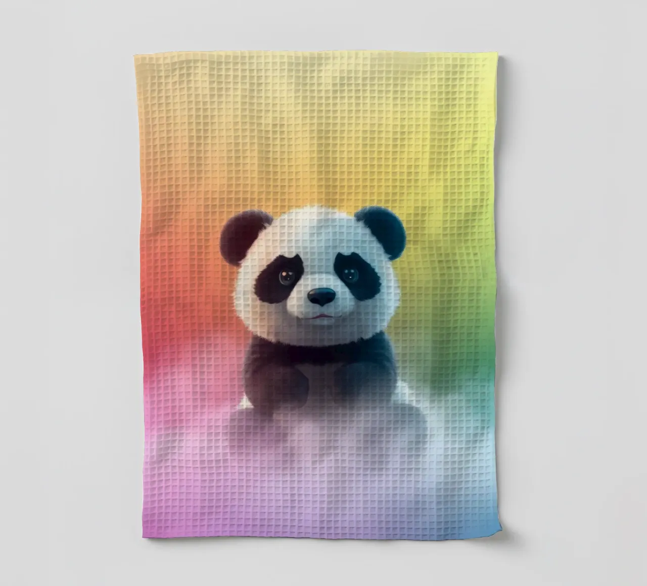 Mignon panda assis sur des nuages colorés sous un arc-en-ciel vibrant torchon de DesignDoodle