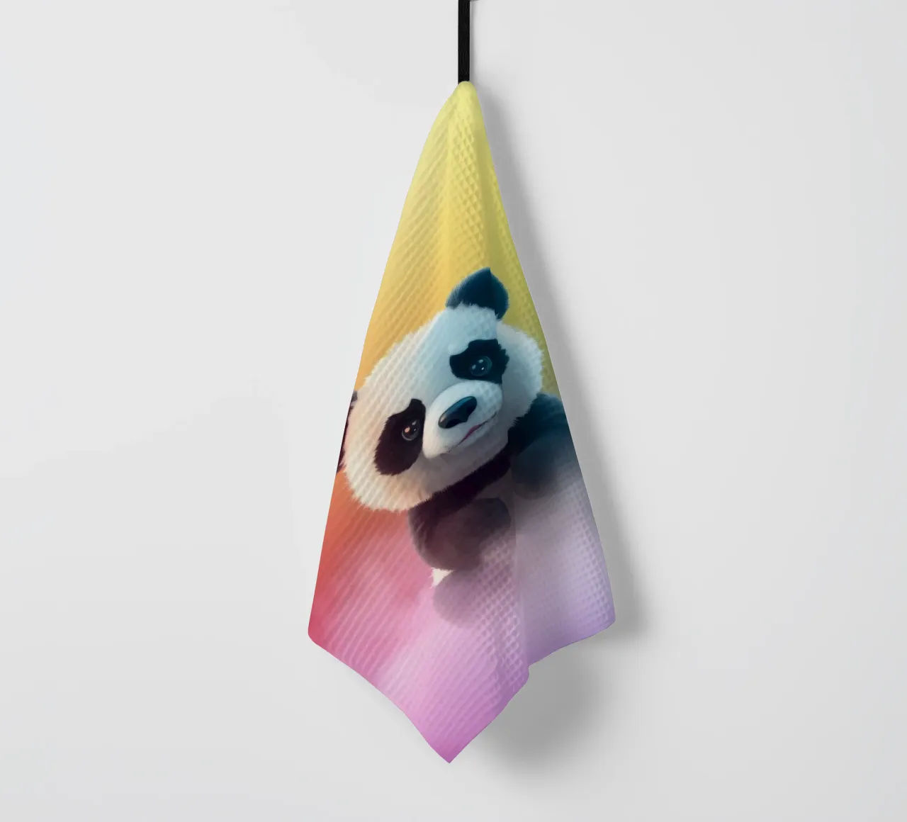 Mignon panda assis sur des nuages colorés sous un arc-en-ciel vibrant torchon de DesignDoodle