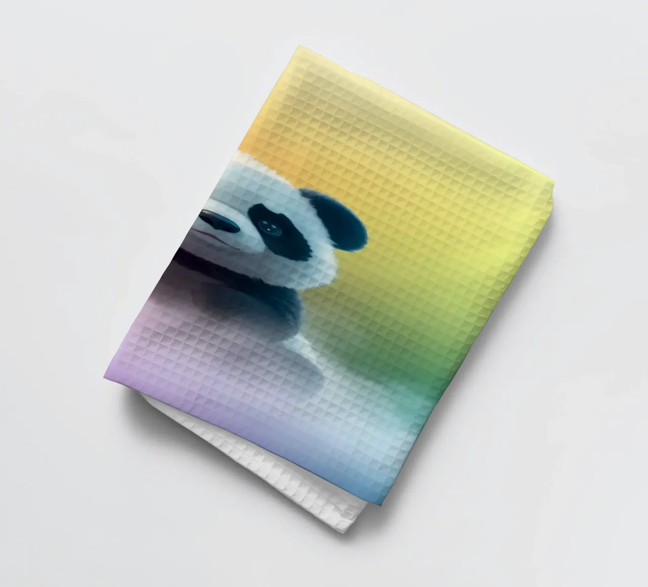 Mignon panda assis sur des nuages colorés sous un arc-en-ciel vibrant torchon de DesignDoodle