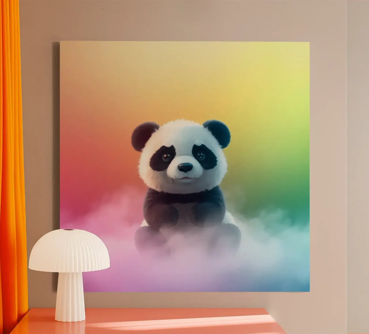 Cute panda sitting on colorful clouds under vibrant rainbow canvas by DesignDoodle