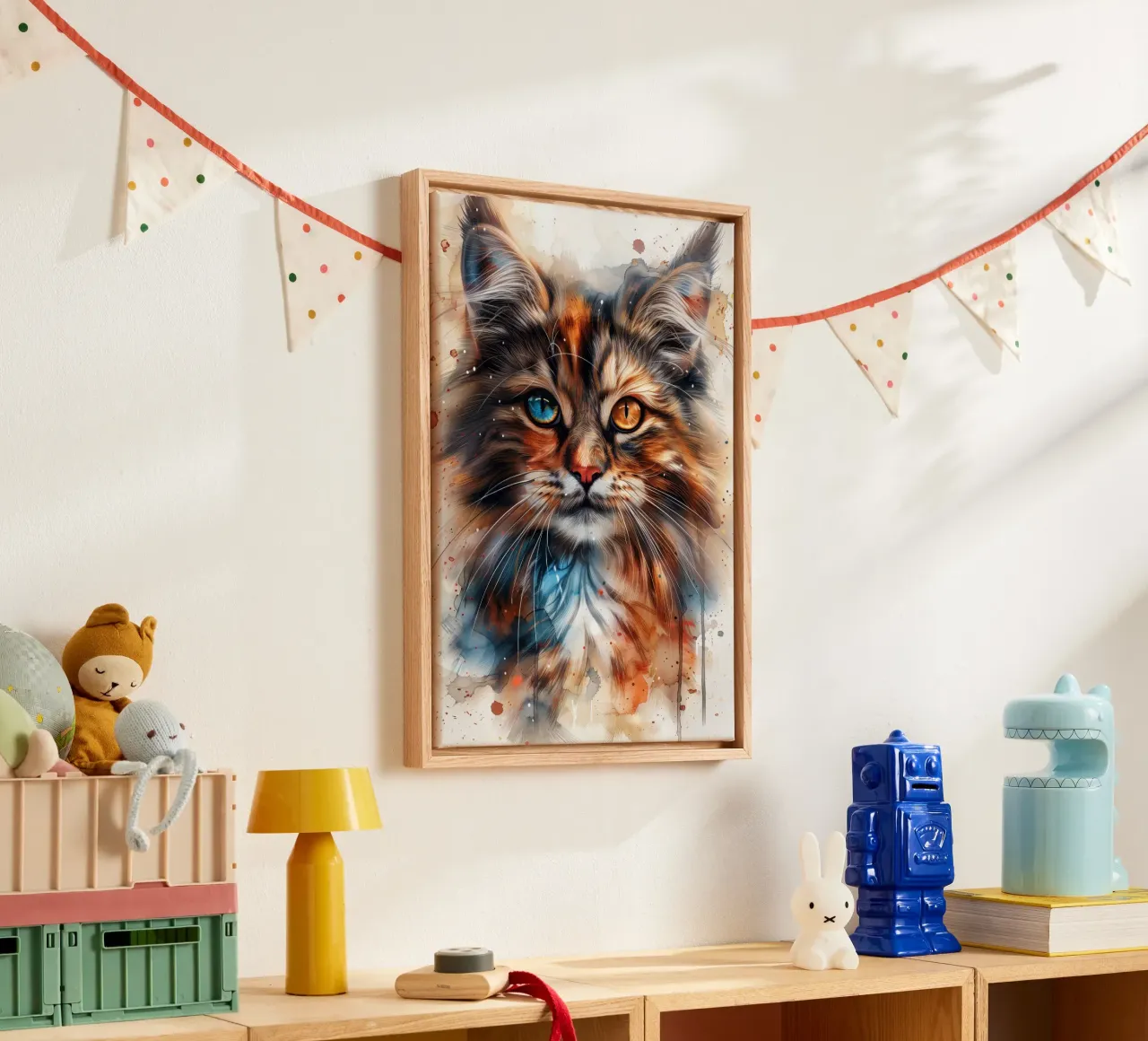 Mixed color cat canvas with Floater frame by Justyna Jaszke JBJart