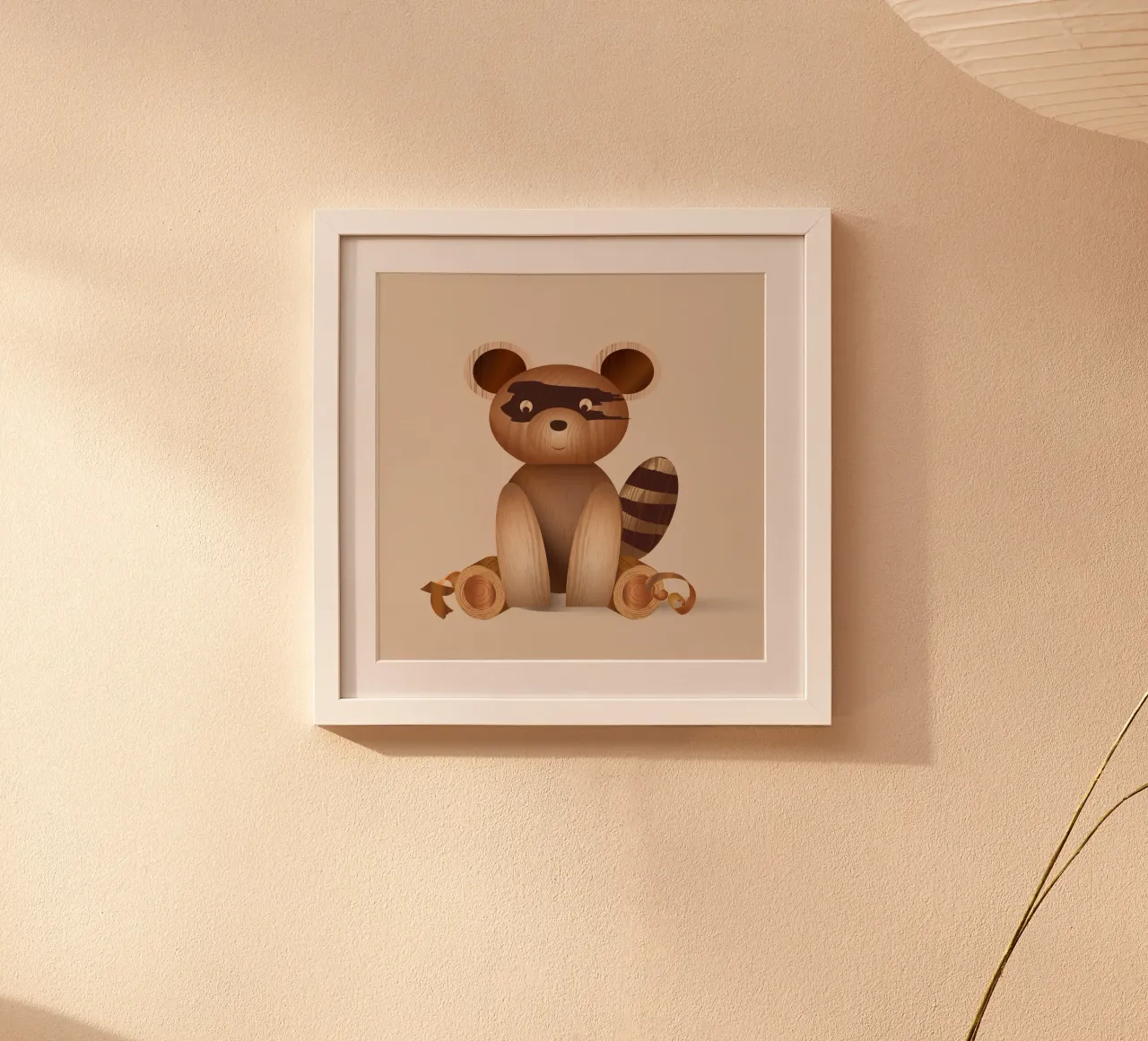Ilustración con aspecto de madera - figura de mapache poster con marco de madera de namosh