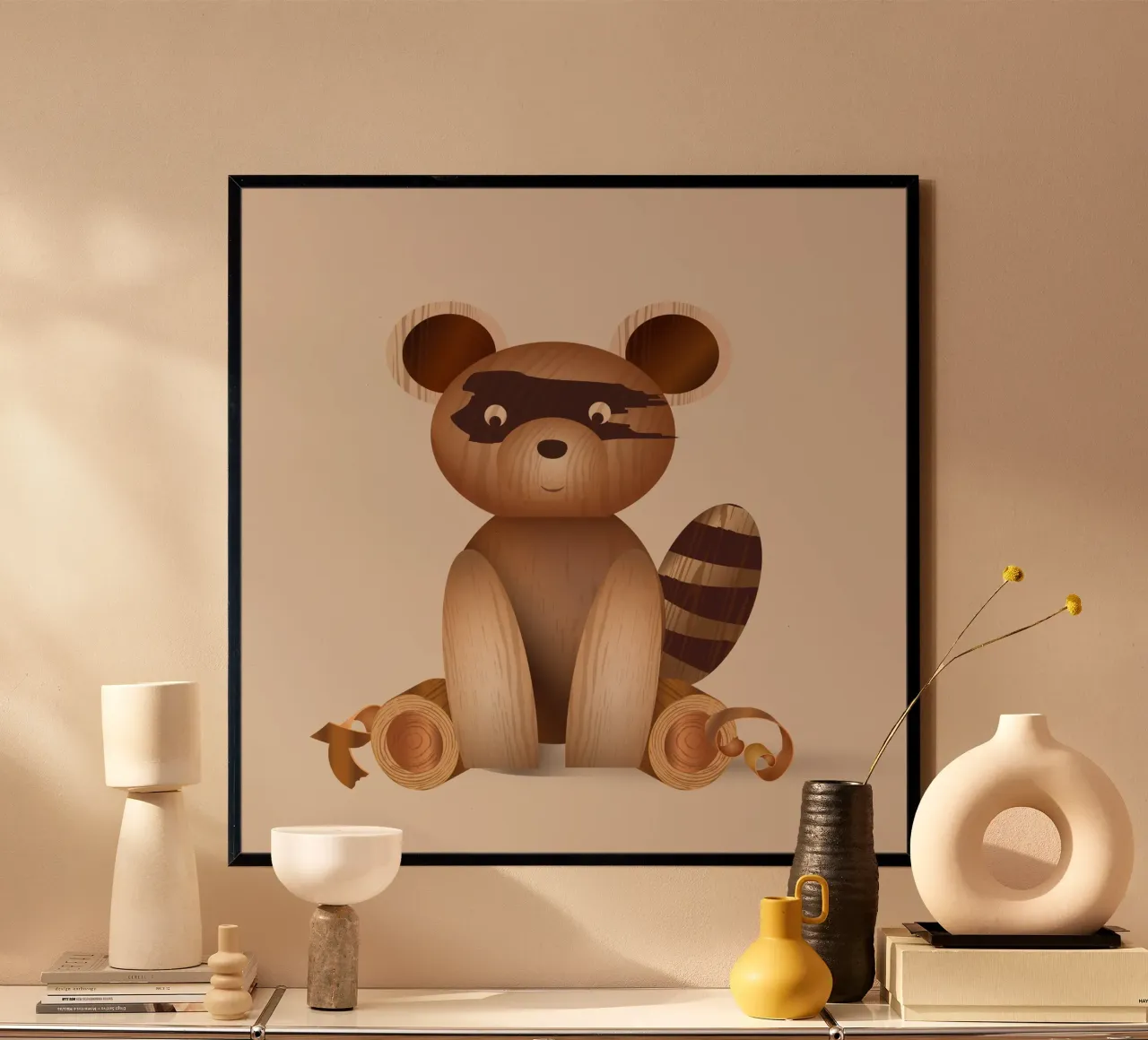 Ilustración con aspecto de madera - figura de mapache poster con marco de madera de namosh