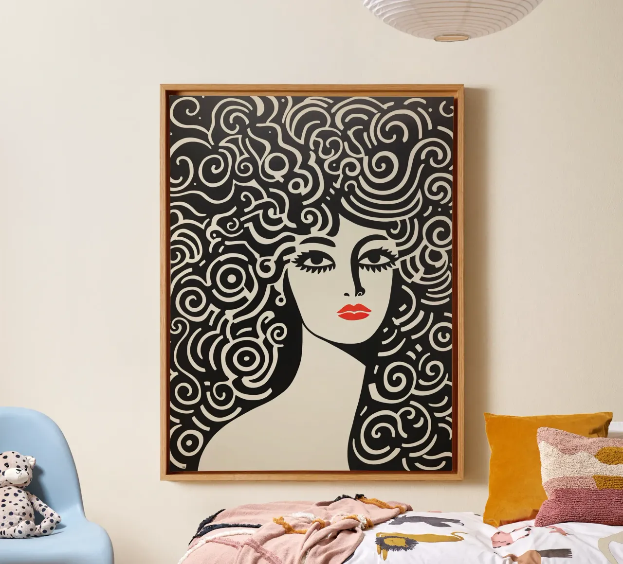 Vrouw met veel zwarte krullen | Kunstdruk canvas met Baklijst van Autofocus