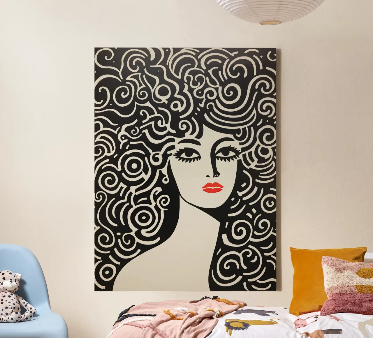 Vrouw met veel zwarte krullen | Kunstdruk canvas met Baklijst van Autofocus