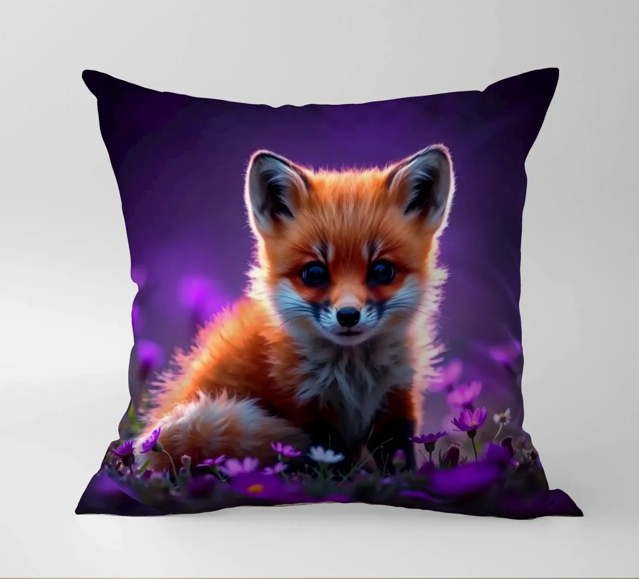Precioso zorro rojo rodeado de flores moradas cojín de DesignDoodle