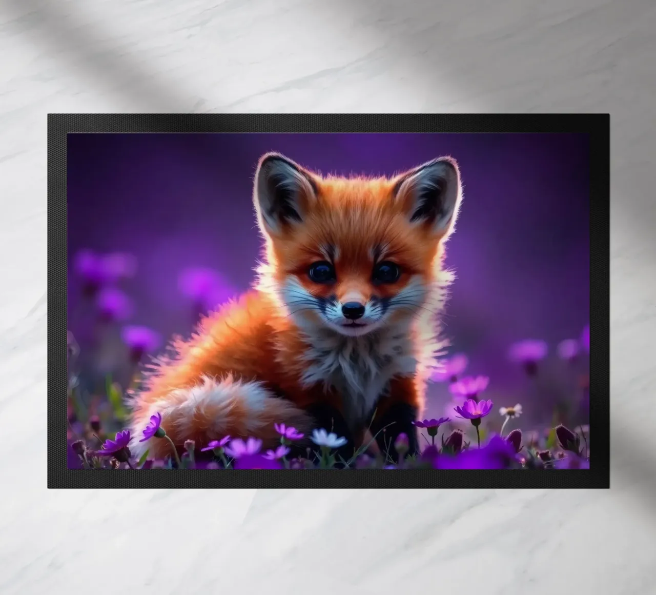 Una bella volpe rossa circondata da fiori viola zerbino da DesignDoodle