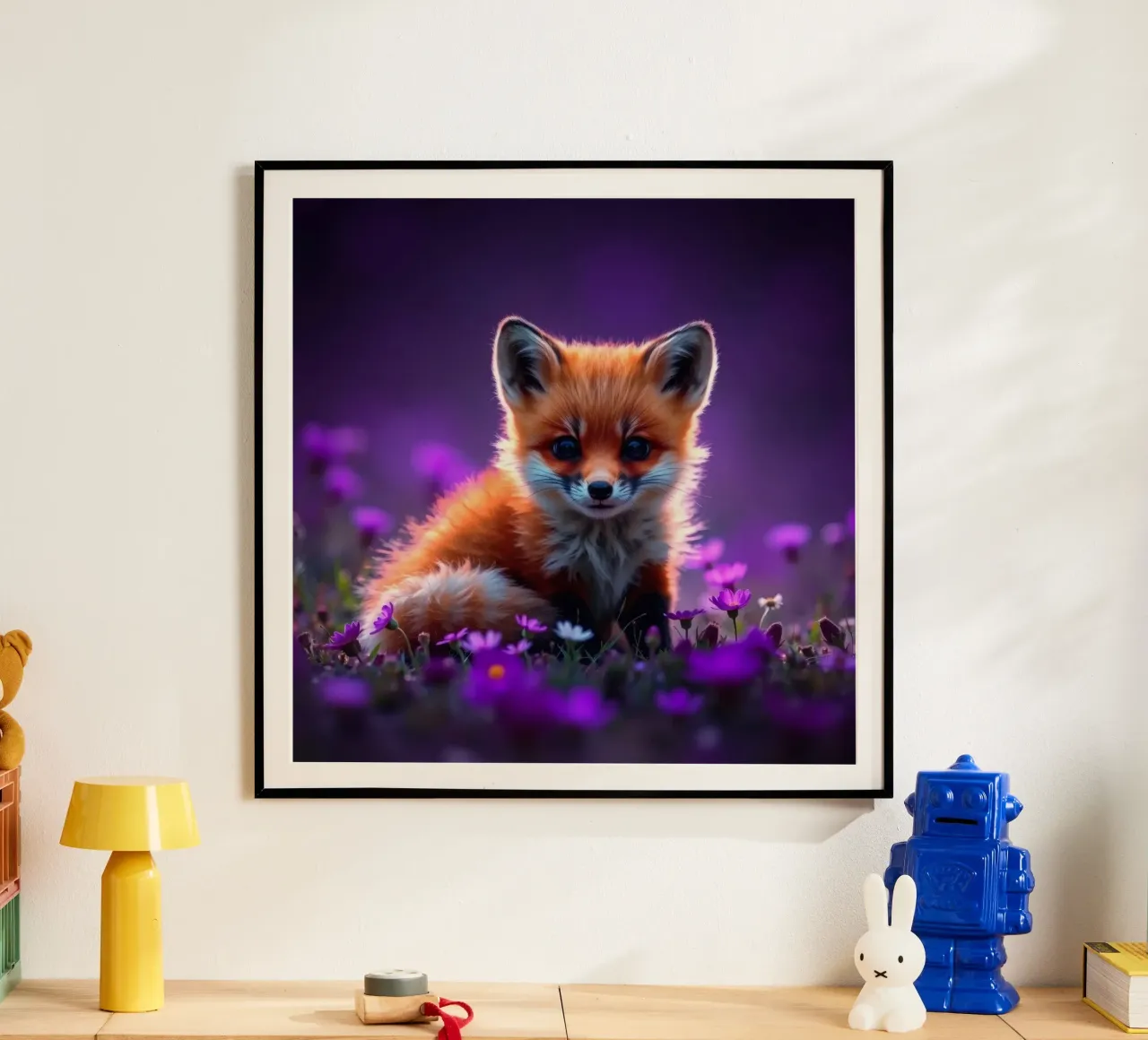 Una bella volpe rossa circondata da fiori viola poster con telaio in alluminio da DesignDoodle