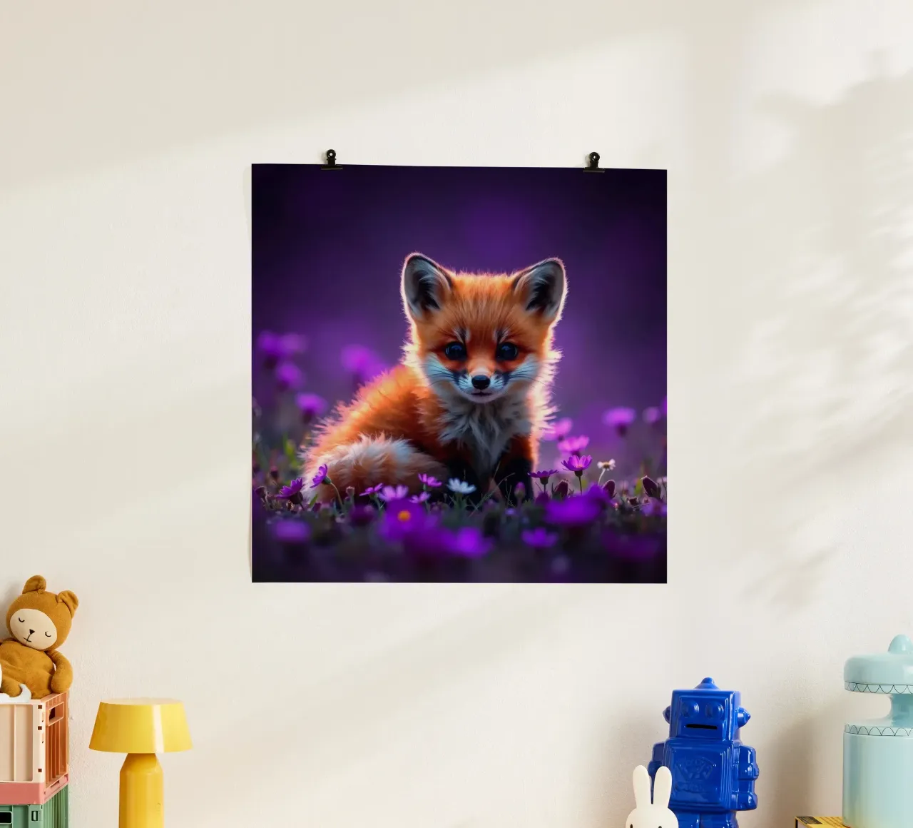 Una bella volpe rossa circondata da fiori viola poster con telaio in alluminio da DesignDoodle