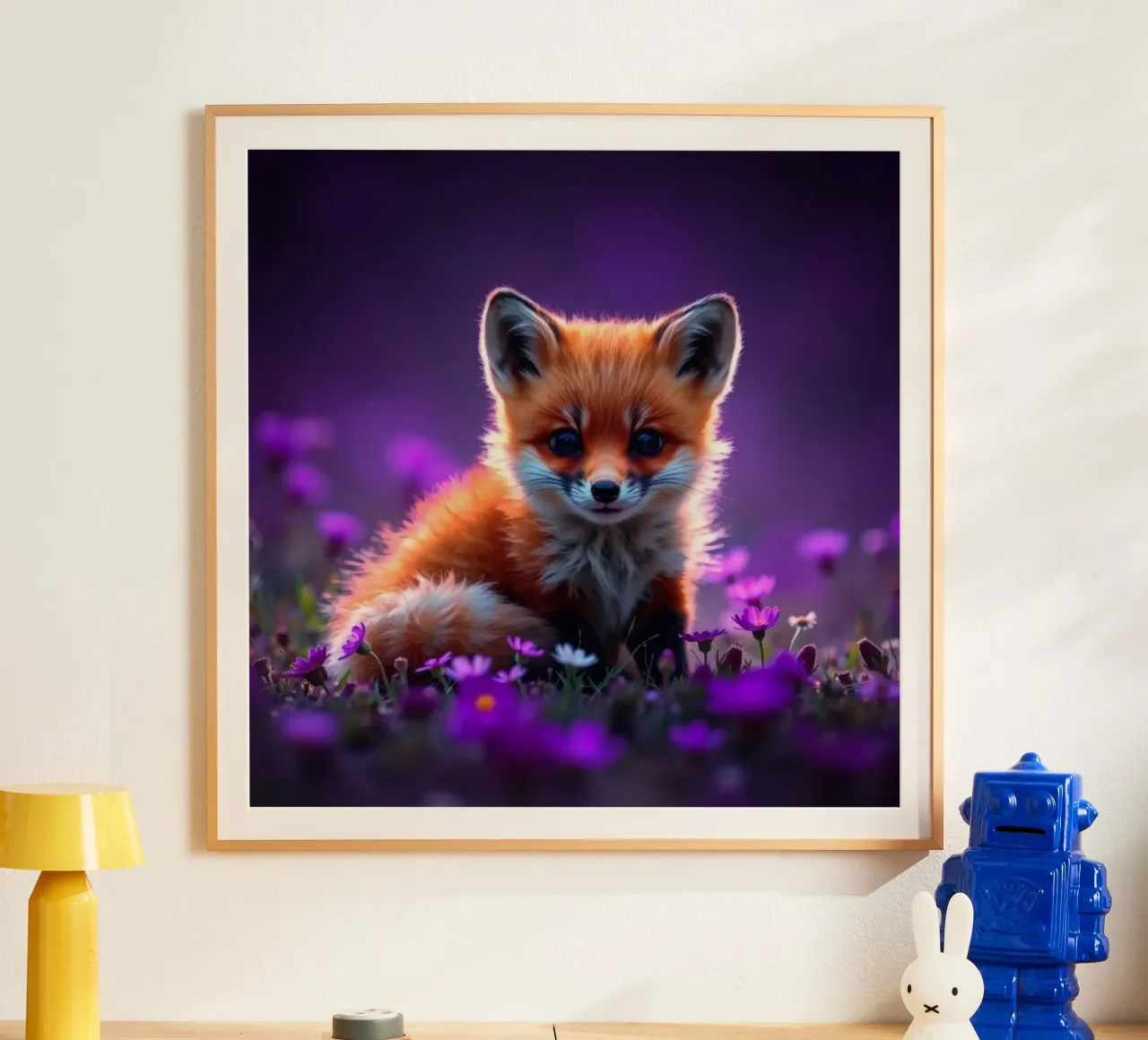 Una bella volpe rossa circondata da fiori viola poster con telaio in alluminio da DesignDoodle