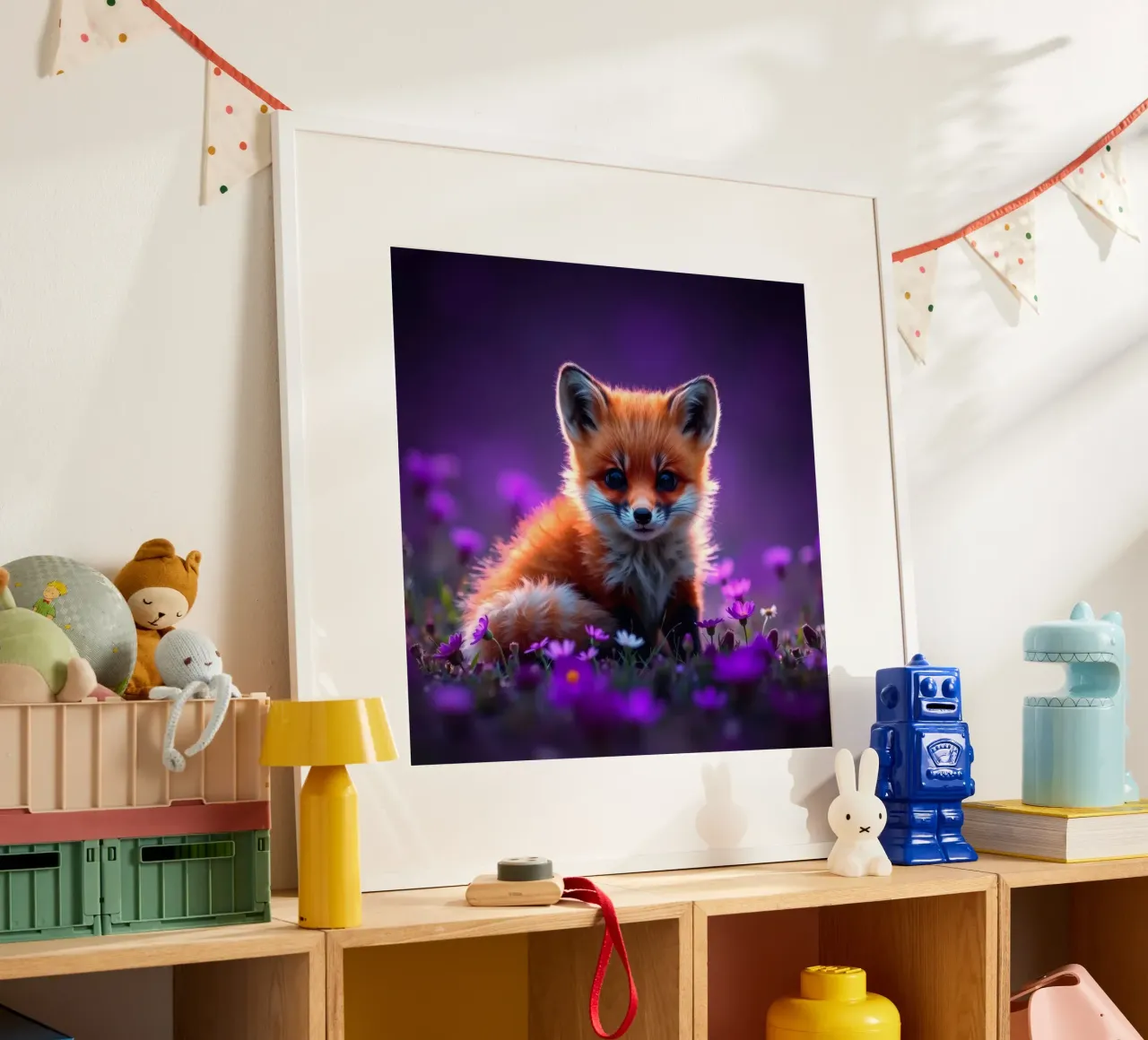 Una bella volpe rossa circondata da fiori viola poster con telaio in alluminio da DesignDoodle