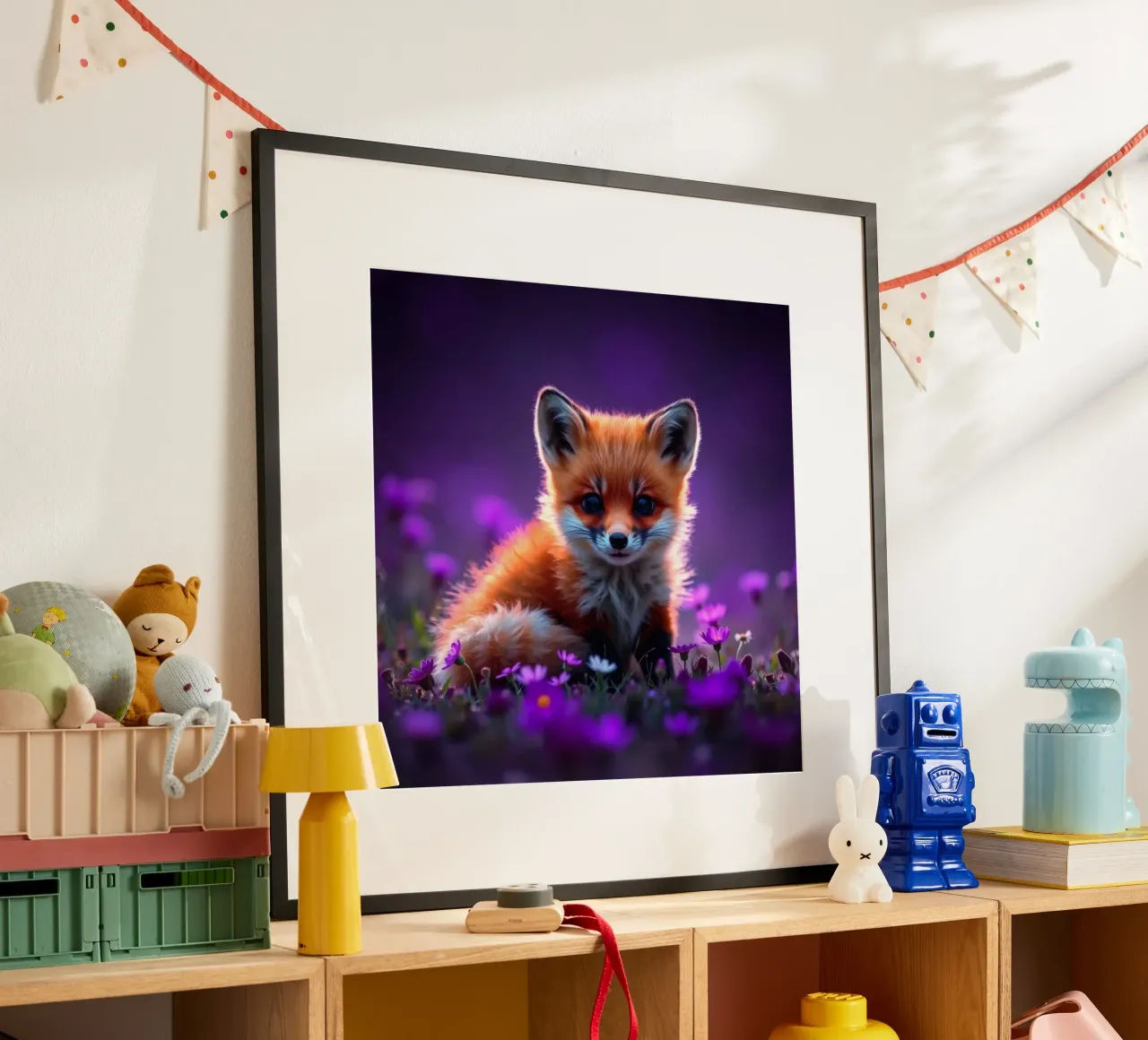 Una bella volpe rossa circondata da fiori viola poster con telaio in alluminio da DesignDoodle