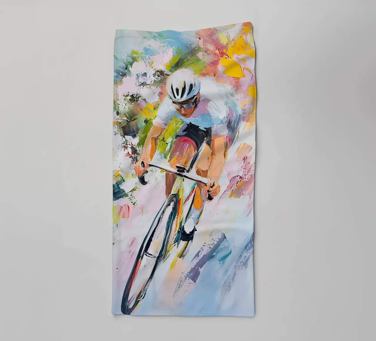Cyclist Bicycle Movement Portrait Abstract Pastel towel by Nikis Art Studio